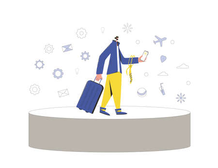 Bleisure concept. Work life balance. Digital nomad. Vector flat person with tie, phone and suitcase. Man dressed in casual clothes surrounded job and leisure symbols. Male character going to travelのイラスト素材