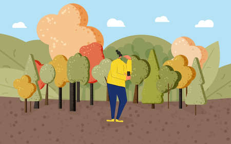 Pensive teenager girl standin at the park. Young woman dressed in casual clothes in doubt. Person frustrated by current situation and thinking so hard. Feamle character thinking about problems surrounded by trees. Vector flat illustration.のイラスト素材