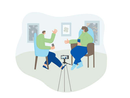 Influencers lifestyle concept. Two bloggers recording a content at a home studio. Adult persons...