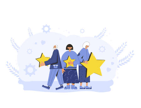 Feedback concept. Client review. People in casual clothes holding gold stars in their hands. Service...