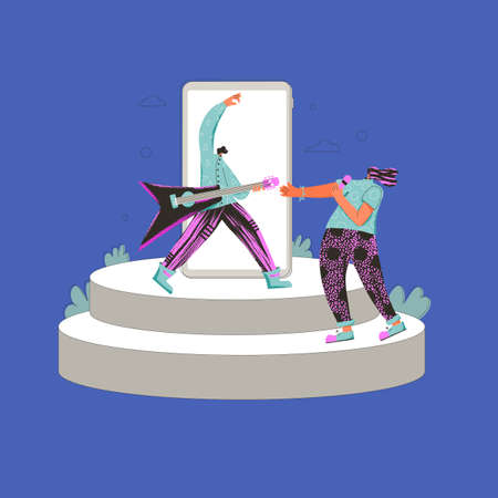 Music challenge. Band performing show. Two rock musicians singing and playing guitar with huge phone on a stage. Pop duet. Vector flat characters illustration.のイラスト素材