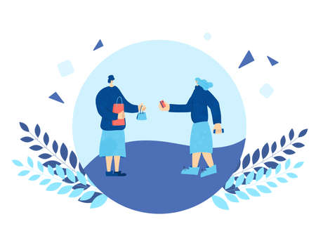 Buy local concept. Young woman taking a handmade thing and want to pay by credit card. Saleswoman and her client made a deal. Round composition. Vector flat illustration.のイラスト素材