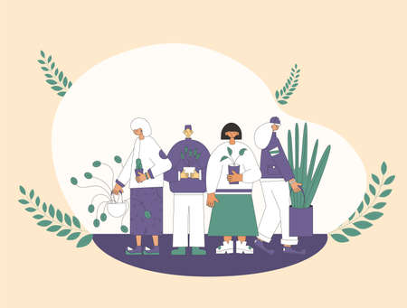 Plant lovers club. Smiling persons wearing in cozy clothes holding in hands indoor flower. Plants psychological therapy and relax concept. Group of friends or family standing together. Vector illustration.のイラスト素材