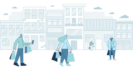Different characters with shopping bags hurrying to store for a sale. People walking in the street. Citizens dressed in casual trendy clothes goint to buy a gifts. Vector line art illustration.のイラスト素材