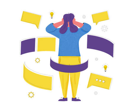 Burnout. Character get too much information. Concussed female person surrounded symbols of overload. Scared woman putting her hands over her ears. Vector flat color illustration.のイラスト素材