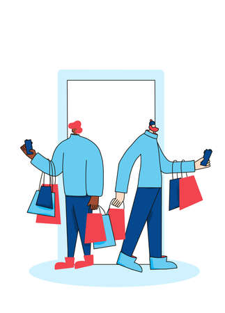 Two adult characters with shopping bags. Young men dressed in casual trendy clothes stanging and using smart phone for purchase. Online clearance concept. Vector illustration in line art style.のイラスト素材