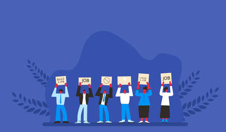 Job search. Dismissed people standing with banners. Activism. Vector flat illustration.のイラスト素材