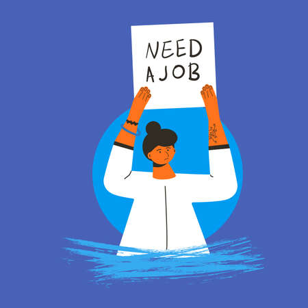 Woman with banner Need a job. Vector flat illustration.