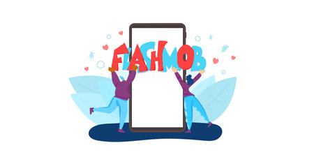 Flashmob concept. Tiny female persons holding a huge word. Social media challenge. Two girls with flash mob text. Vector flat illustration.のイラスト素材