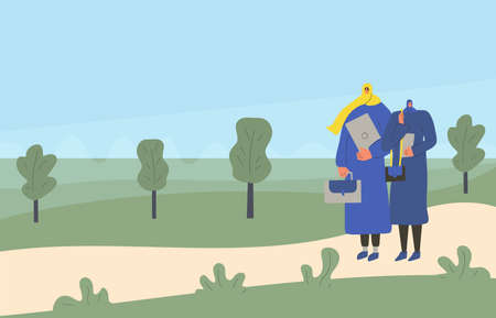 Muslim women walking at the park. Business female characters going to work together. Flat cartoon vector illustration.のイラスト素材