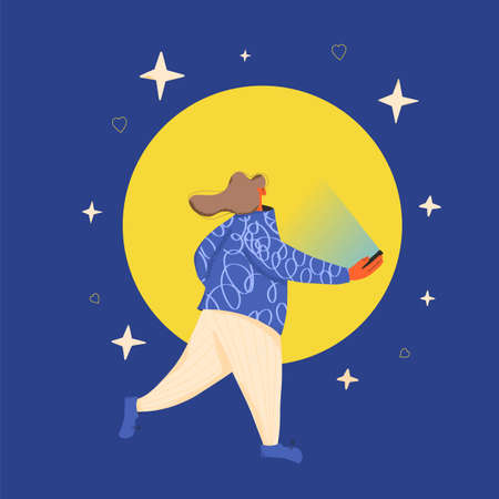 Female character using her phone for texting a message and running at night. Young person chating with her smartphone near the moon and strs. Woman reading a news on internet. Vector flat illustrationのイラスト素材
