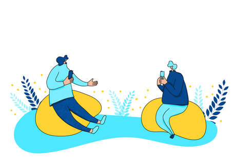 Two cute characters sitting in the poufs and using their phone for texting a message. Young persons chating with their smartphones sitting in the ottomans. Vector illustration.のイラスト素材