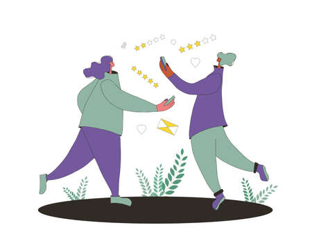 Cute characters using their mobile for texting a message isolated on white background. Two young persons chating with their phones. Social media network. Interactive communication. Vector illustrationのイラスト素材