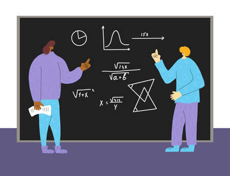 Mathematicians explaining diagram, theorem and notes to each other. Men discussing about scientific solution near a chalk board. Student and teacher discuss. Vector flat illustration.のイラスト素材
