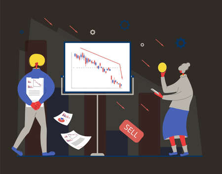 Analyst Report. Invest in the company's bonds. Minor shareholders get a report about stock market crash. Man and woman have a presentation about collapsing stock prices. Vector flat color illustrationのイラスト素材