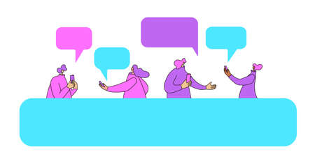 Cute characters using their phone for texting a message with speech bubbles. Group of young persons chating with their smartphones. Social media network. Interactive communication. Vector illustration.のイラスト素材