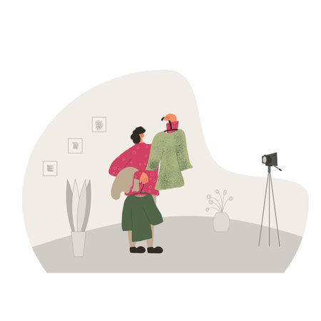 Fashion blogger. Person showing vintage dresses against camera on tripod. Vector flat illustration.のイラスト素材