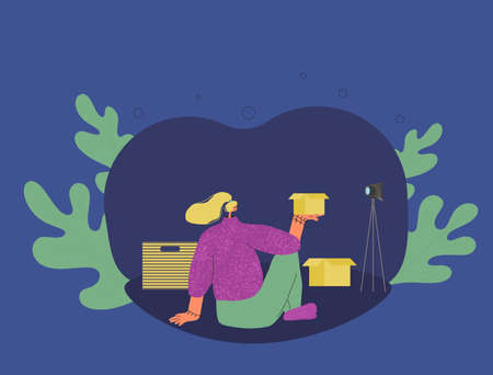 Girl opening box. Unboxing. Video product review. Young woman sitting on the floor with camera. Female blogger person dressed in casual clothes recording new content. Vector flat color illustration.のイラスト素材