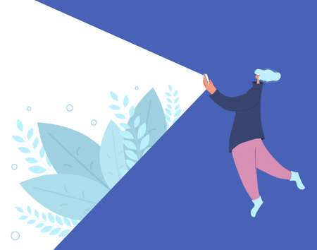 AR. Augmented reality. Female character using her phone for texting a message. Young person chating with her smartphone. Woman reading a news on internet banner template. Vector flat illustration.のイラスト素材