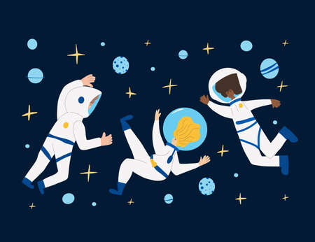 Space tourism concent. Group of astronauts dressed in helmet and suit in an open space. Female...