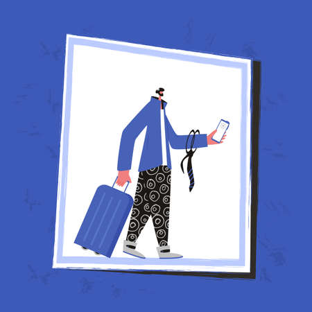 Bleisure concept. Work life balance. Digital nomad. Vector flat person with tie, phone and suitcase....