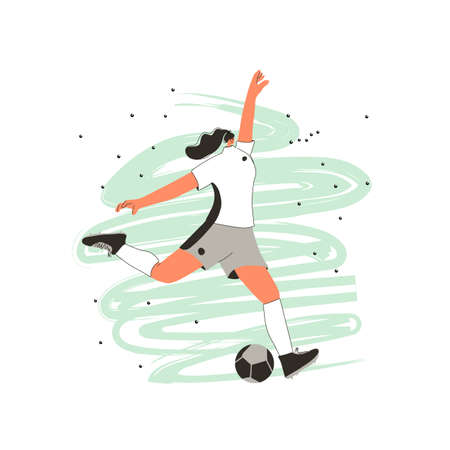 Young female soccer player wearing in uniform. Woman football athlette dressed in sportwear and boots with sport ball. Vector flat character.のイラスト素材