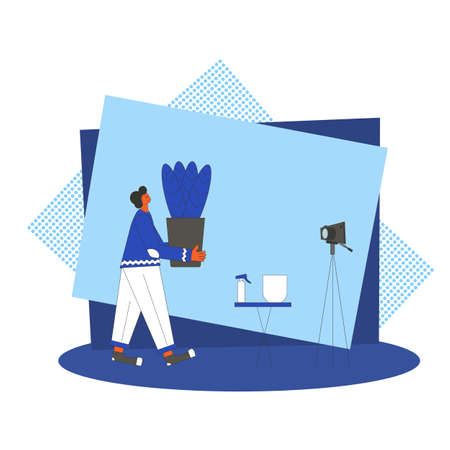 Blogger recording a new video. Indoor plants lovers. Person wearing in casual clothes holding in hands potted flower. People with houseplants. Vector color flat illustration.のイラスト素材