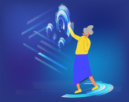 Woman wearing virtual reality glasses working with scheme and data. Female business character with vr headset. Vector flat color illustration.のイラスト素材