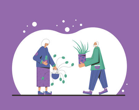 Mature plants lovers. Senior pair spend free time together. Elderly man and woman wearing in casual clothes holding in hands potted flower. People with houseplants. Vector color flat illustration.のイラスト素材