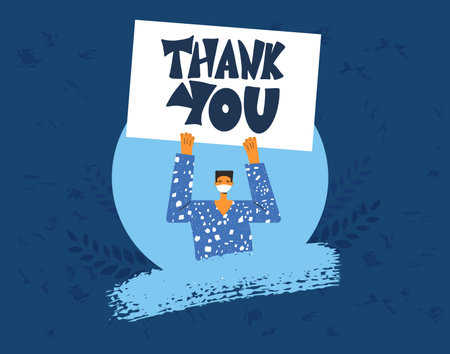 Thank you banner. Blank with text in hands people with mask. Vector illustration.のイラスト素材