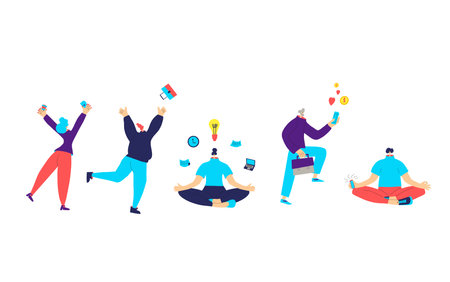 Work life balance characters group. Persons with job symbols isolated on white background. Millenial work life. Female and male people with business elements. Vector flat illustration.のイラスト素材