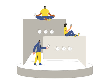 People use phones for read and text a messages. Chat comment concept. Social media network. Young people with speech bubbles. Feedback service.Vector flat illustration.のイラスト素材