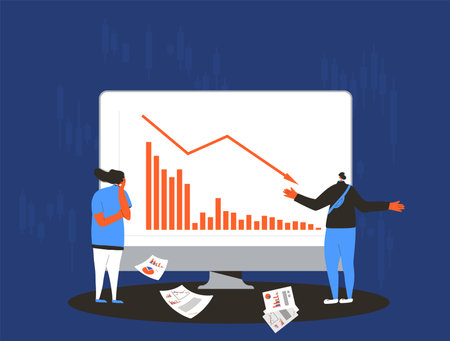 Stock market crash. Invest in the bonds company's bonds fail. Frustrated man and woman with reports of stocks plummeting on computer screen and paper sheets. Global recession. Vector flat illustration.のイラスト素材