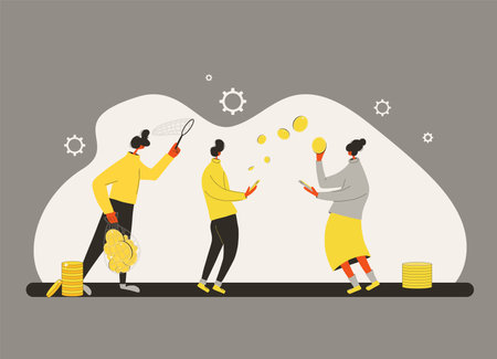 Cryptocurrency exchange stealing money transaction. Internet scammers. Confidential payment information steal. Tiny people using bitcoin and thieve. Vector flat illustration.のイラスト素材