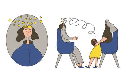 Psychologist having session with her patient. Counseling therapy. Female character with some mental issues. Psychotherapy concept. Woman talking to therapist. Vector illustration.のイラスト素材