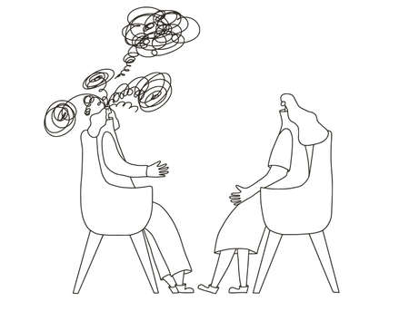 Psychologist having session with her patient. Counseling therapy. Female character try to help woman with obsessive thoughts. Psychotherapy concept. Vector illustration.のイラスト素材