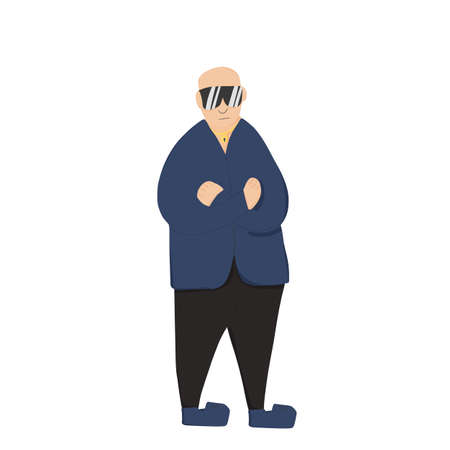 Security guard standing with arms crossed. Man wearing in a guards uniform and sun glasses isolated on white background. Vector illustration.のイラスト素材