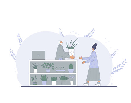 Indoor plants shop. Sale of potted house plants. Seller houseflowers with his client. Small business concept. Owner of flowers store giving a pot to a customer. Vector flat illustration.のイラスト素材