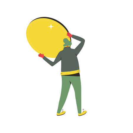 Making money. Minor shareholder with retirement savings. Stock market. Man with huge coin in his hands isolated on white background. Vector flat illustration.のイラスト素材