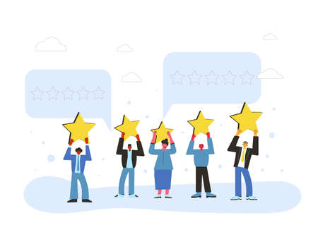 Customer review rating. Feedback concept. Happy clients standing with gold stars and comment speech...