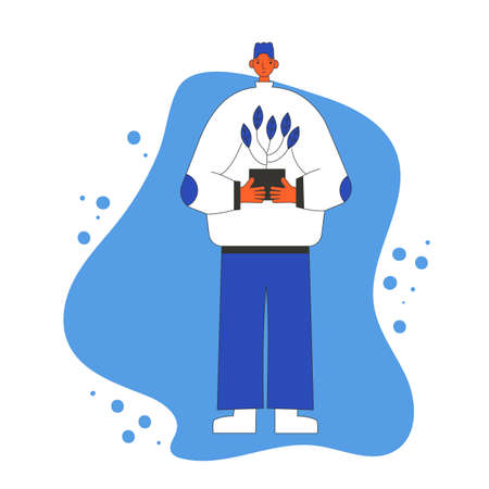 Indoor plants lover. Person wearing in casual clothes holding in hands potted flower. Man with houseplants. Vector color flat illustration.のイラスト素材