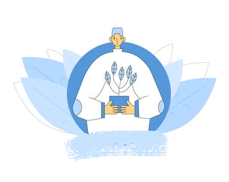 Indoor plants lover icon. Person wearing in casual clothes holding in hands potted flower avatar. People with houseplant. Vector color flat illustration.のイラスト素材