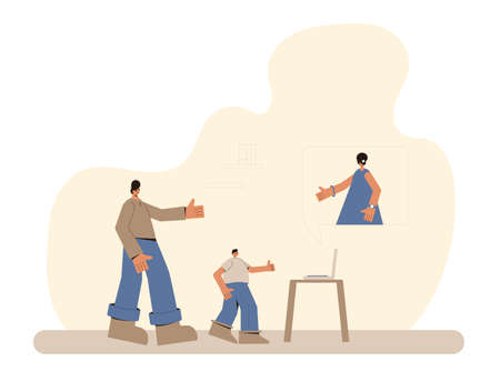 family video call. Mother online talking with her husband and son. digital communication. People talking to each other with internet. Vector color flat illustration.のイラスト素材