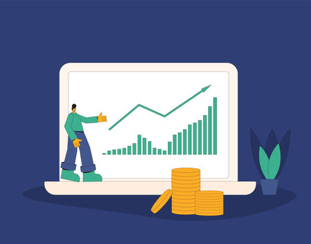 Growth investing concept. Business success. Stock market boom. Lucky retail investor. Shares rally. Minor shareholder getting money. Vector flat color illustration.のイラスト素材