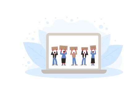 Customer review rating. Feedback concept. Clients standing and holding blanks with gold stars on laptop screen. Online store reputation. Shopping website different ranking. Vector flat illustration.のイラスト素材