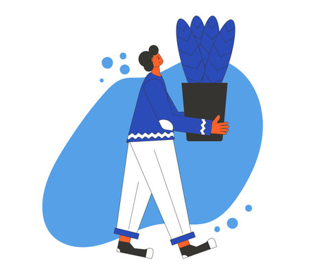 Indoor plants lover. Male person wearing in casual clothes holding in hands potted flower. People with houseplants. Vector color flat illustration.のイラスト素材