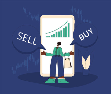 Investment concept. Financial growth. Stock market boom. Lucky retail investor with mobile app. Shares rally. Minor shareholders getting money. Vector flat color illustration.のイラスト素材