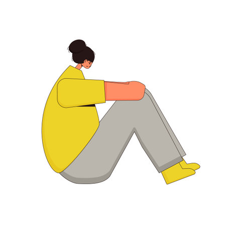 Anxiety. Psychological issues. Young woman with bad mood, headache, insomnia or stress sitting on the floor isolated on white background. Vector illustration.のイラスト素材