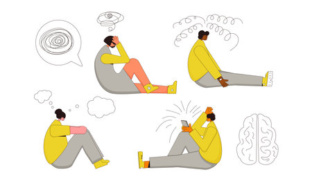 Patients with mental disorder set. Psychiatric issue or psychological problems. Collection of character with bad mood, stress, grief, sorrow, migraine, phobia. Vector flat cartoon illustration.のイラスト素材