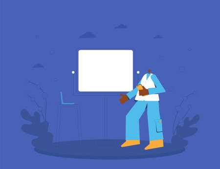 Presentation. Man standing near a whiteboard and giving a report. Business meeting. Vector flat color illustration.のイラスト素材